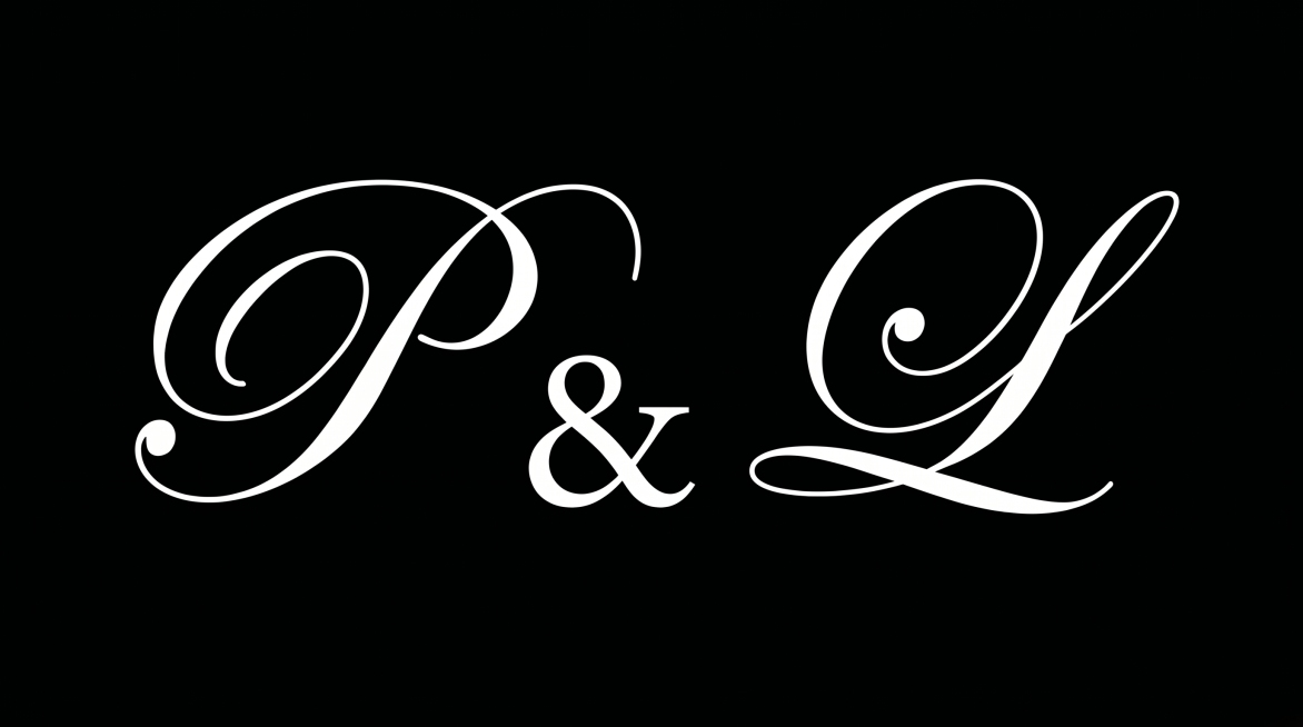 参考图风格，黑色背景，平面艺术字体设计，主体文字为"P & L"，字体为优雅花体手写艺术字，纤细白色线条，大弧度曲线圆润收束，单行横向标准横排logo化构图，字母间保持原参考图间距，每个字母保留卷曲装预览效果
