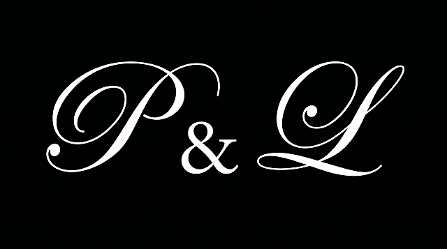 参考图风格，黑色背景，平面艺术字体设计，主体文字为"P & L"，字体为优雅花体手写艺术字，纤细白色线条，大弧度曲线圆润收束，单行横向标准横排logo化构图，字母间保持原参考图间距，每个字母保留卷曲装饰性笔画，整体优雅柔美时尚，只能包含文字"P & L"，不得出现原参考图文字，不得增加遗漏文字，文字整体必须完整呈现在画面内不可被裁切，四周留有安全边距，背景保持纯净黑色无任何装饰