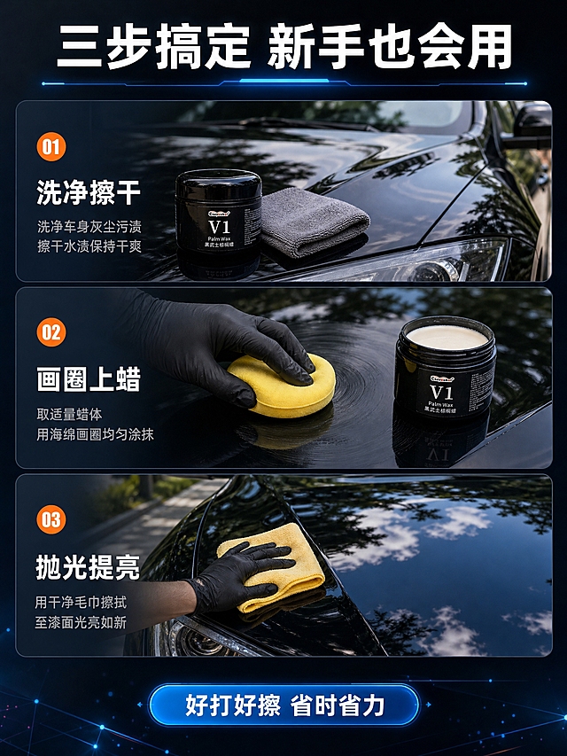 [商品] 使用V1黑武士棕榈蜡黑色圆罐产品图；保留罐体黑色亮面材质、圆形罐身、V1 Palm Wax 黑武士棕榈蜡标签文字、Cheyunhui品牌logo；本页展示手部打蜡操作与真实汽车使用场景。
[画面] 页面目标：使用步骤演示与真实汽车场景代入，降低使用门槛。步骤分栏型版式骨架，横向分为3个步骤区块。第1步"清洁漆面"：展示洗车后干净的黑色汽车漆面，旁边放着毛巾与蜡罐；第2步"均匀上蜡"：特写一只戴黑色手套的手，用黄色海绵在车漆面上画圈打蜡，蜡罐放在旁边；第3步"抛光提亮"：展示用黄色超细纤维毛巾擦拭后的光亮漆面，倒映天空。3个步骤从上到下排列，每步都有产品或配件同框。背景为户外真实汽车场景，柔和自然光。
[视觉] 套系策略：风格=赛博科技风商业摄影；标题字=现代无衬线粗体；正文字=简洁无衬线体；主色=深黑/深蓝；背景延展=基于深黑深蓝做渐变层级、霓虹光效、粒子光斑；强调色=亮蓝色+亮橙色，仅用于小面积图标、引线、标签和霓虹光效；标题色=纯白色；正文色=浅灰色；组件=圆角半透明信息卡、霓虹光效引线、胶囊形卖点标签；光影=户外柔和自然光，步骤区块光影统一，产品与场景融合自然。
[文字] 顶部居中主标题"三步搞定 新手也会用"白色粗体大字；每个步骤区块上方有橙色圆形数字编号"01""02""03"，下方白色步骤标题："洗净擦干""画圈上蜡""抛光提亮"，再配一行浅灰色小字说明；底部居中放蓝色胶囊标签"好打好擦 省时省力"。所有文字横排，字号保证手机端可读。
[规格] 图片比例3:4竖版，2K，避免变形、错字、文字过小、手部畸形、手指多余、动作不真实、水印、平台Logo。