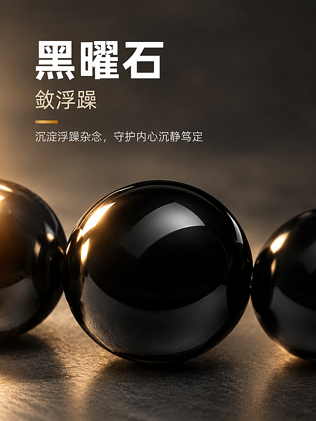 [商品] 使用【图2】黑曜石圆珠细节图；保留黑曜石纯黑色调、圆珠形状、表面高光反射；商品处理：黑曜石表面更光滑莹润，黑色更纯净深邃，高光边缘清晰，整体质感提升，去除绳子与背景杂物，仅保留黑曜石圆珠主体及两侧部分相邻珠子作为点缀。
[画面] 目标：黑曜石细节寓意展示，突出沉静守护的意象。构图：黑曜石圆珠位于画面中心偏下，微距特写，主体占画面约45%，上方大面积留白放文字，背景为深灰渐变虚化质感。前中后景：前景黑曜石珠体质感、中景珠子主体、后景虚化深灰背景。
[视觉] 套系策略：风格=黑白配色简约高级超写实商业摄影，深黑、金棕、暖金色调，低饱和高质感；标题字=阿里巴巴普惠体 Bold；模块小标题=阿里巴巴普惠体 Medium；正文字=阿里巴巴普惠体 Regular；主色=深炭黑+暖灰白；背景延展=基于深灰黑褐做深浅层级与细腻质感；强调色=暖金色，仅用于小面积图标、引线和高光点缀；标题色=纯白；正文色=浅暖灰；组件=细线引线、极简矩形信息卡；光影=左前方暖金色柔光，黑曜石表面形成细腻高光反射，暗部保留细节不死黑，整体明亮不黑暗，底部有柔和投影。
[文字] 画面上方主标题「黑曜石」（阿里巴巴普惠体 Bold），下方小标题「敛浮躁」（阿里巴巴普惠体 Medium），再下方正文「沉淀浮躁杂念，守护内心沉静笃定」（阿里巴巴普惠体 Regular），文字全部横向排版，不遮挡珠子主体。
[规格] 图片比例3:4竖版，4K分辨率，负向提示：避免绳子出现、珠子变形、颜色偏差、死黑一片、文字竖排、文字过小、冷蓝色调、水印、二维码、包装、手围。