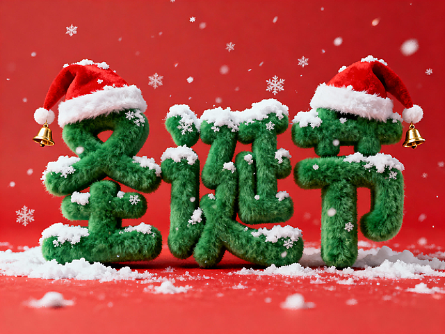 毛绒质感绿色艺术字 “圣诞节”，表面覆盖白色积雪效果，带红色圣诞帽、铃铛装饰。纯红色背景。