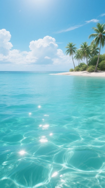 超写实风格的海面背景，清澈透明的蓝绿色海水，阳光照射下水面波光粼粼，呈现出丰富的光影变化和细腻的波纹质感，远处海天相接，天空中漂浮着洁白的云朵，海岸线上有一个海岛，岛上生长着高大的椰子树，整体画面宁静预览效果