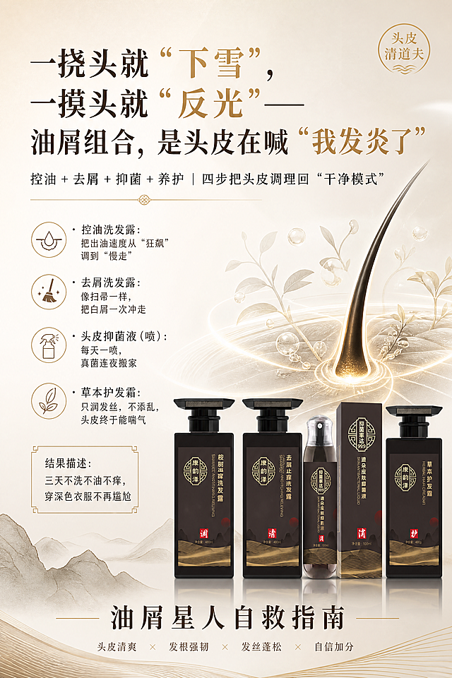 这是一张控油去屑洗护套装的张贴海报，主标题文字内容："一挠头就'下雪'，一摸头就'反光' ——油屑组合，是头皮在喊'我发炎了'"，副标题文字内容："控油＋去屑＋抑菌＋养护 | 四步把头皮调理回'干净模式'"，内文文字内容："· 控油洗发露：把出油速度从'狂飙'调到'慢走' · 去屑洗发露：像扫帚一样，把白屑一次冲走 · 头皮抑菌液（喷）：每天一喷，真菌连夜搬家 · 草本护发霜：只润发丝，不添乱，头皮终于能喘气 结果描述： 三天不洗不油不痒，穿深色衣服不再尴尬"，底部行动文案："油屑星人自救指南"，海报中将提供的四款产品（桉树滋润洗发露、去屑止痒洗发露、皮肤抑菌液、草本护发霜）的图片都放入画面中，产品占画面比例调小，保留产品包装的深棕色配金色线条国风设计风格，整体排版干净专业，适合头皮护理宣传。海报尺寸要求40cm宽 * 60cm高，画面高清清晰。