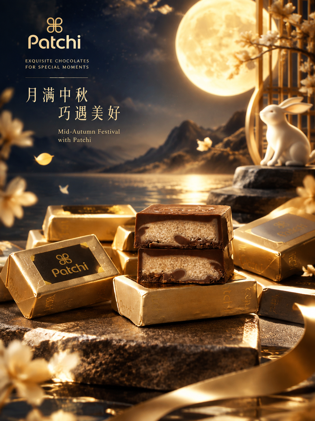 中秋节高端商业产品海报，主体是Patchi金砖造型巧克力，多个… - 图片创意预览