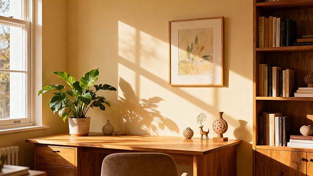 横版温馨书房背景图，布置有翠绿绿植、简约挂画、精致装饰摆件，整体氛围温暖舒适，自然柔和，适合做线上分享背景