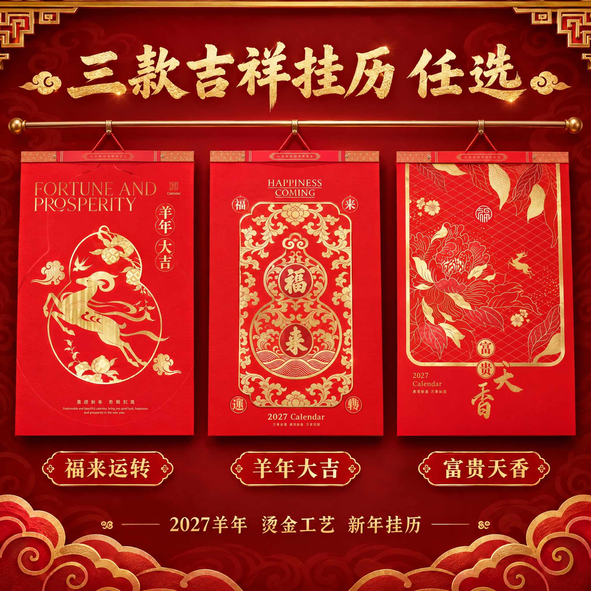 [主图-4] 三款挂历组合展示，全家福款式矩阵，高端新年礼品风… - 图片创意预览