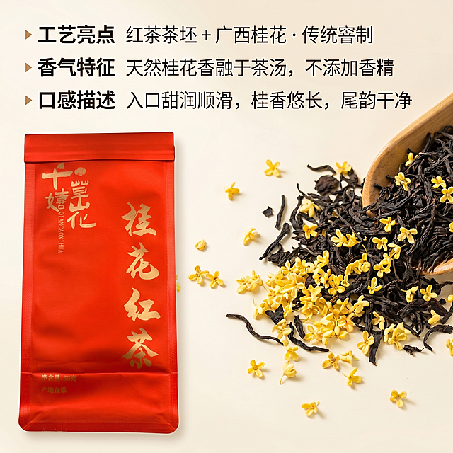 [主图 2] 桂花红茶工艺与香气展示图，展示原料拼配实拍，突出天然制作工艺。
[氛围风格] 自然通透，真实原料展示，凸显天然品质感
[画质] 商业食品摄影质感、光线柔和通透、产品清晰真实、画面干净高级
[元素] 左侧为桂花红茶产品包装袋，右侧为散落的红茶茶坯和新鲜桂花实物拼摆，展示真实原料。保持产品包装袋外观与颜色和原图一致，原料新鲜干净，纹理清晰。商品主体+原料占比约75%，画面满铺无边框。
[光影] 自然柔光，突出茶叶和桂花的纹理质感，整体光影均匀柔和，突出食材天然新鲜感。
[配色] 暖橙色基调，搭配原料自然绿色、茶色，产品红色，整体温暖协调
[视角构图] 平视俯视结合，原料平铺展示，主体清晰，层次分明
[文字版式] 左上区域分三行展示卖点：第一行「▸ 工艺亮点 红茶茶坯 + 广西桂花 · 传统窨制」，第二行「▸ 香气特征 天然桂花香融于茶汤，不添加香精」，第三行「▸ 口感描述 入口甜润顺滑，桂香悠长，尾韵干净」。标题文字加粗深色，说明文字浅色缩小，左对齐排版，不遮挡主体产品和原料，清晰易读。
[比例分辨率] 1:1 比例，2k分辨率，超高清，文字清晰
[负向提示词] 变形，水印，文字错乱，产品图模糊，背景杂乱