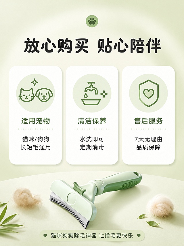 [第10屏] 详情页信任保障-适用范围+清洁保养+售后说明。本屏使用【图1】的除毛梳产品作为底部展示，保持产品外观结构颜色一致。
[氛围/风格] 清新马卡龙风，信任保障页，温馨可靠，小红书种草风，图标卡片式设计。
[元素布局] 画面采用三栏卡片布局，每栏一个主题卡片，卡片为白色圆角，有柔和阴影；三个卡片横向排列在画面中部；卡片上方有对应图标；底部放置缩小的除毛梳产品图和一句暖心结束语；背景为浅绿渐变，温暖干净。
三个主题：适用宠物、清洁保养、售后服务。
[光影质感] 整体均匀柔光，卡片有轻微悬浮投影，画面明亮温暖。
[配色色系] 全局底色 #F5F9F0（浅米绿渐变）；主色 #8FBC8F（草绿）；卡片白色；图标绿色；文字深灰色。
[视角构图] 三栏并列卡片布局，阅读动线从左到右，底部产品收尾。
[文字版式] 顶部主标题：「放心购买 贴心陪伴」圆润黑体，居中。三个卡片分别配图标和文字：
左卡「适用宠物」：猫咪/狗狗/长短毛通用；中卡「清洁保养」：水洗即可 定期消毒；右卡「售后服务」：7天无理由 品质保障。
底部产品图下方一行小字：「猫咪狗狗除毛神器 让撸毛更快乐」。文字清晰可读，移动端友好。
[比例分辨率] 3:4竖版比例，4K分辨率，文字清晰可辨，高清画质。
[负向提示词] 产品变形，颜色偏差，水印，文字过小，图标杂乱，虚假承诺用语。