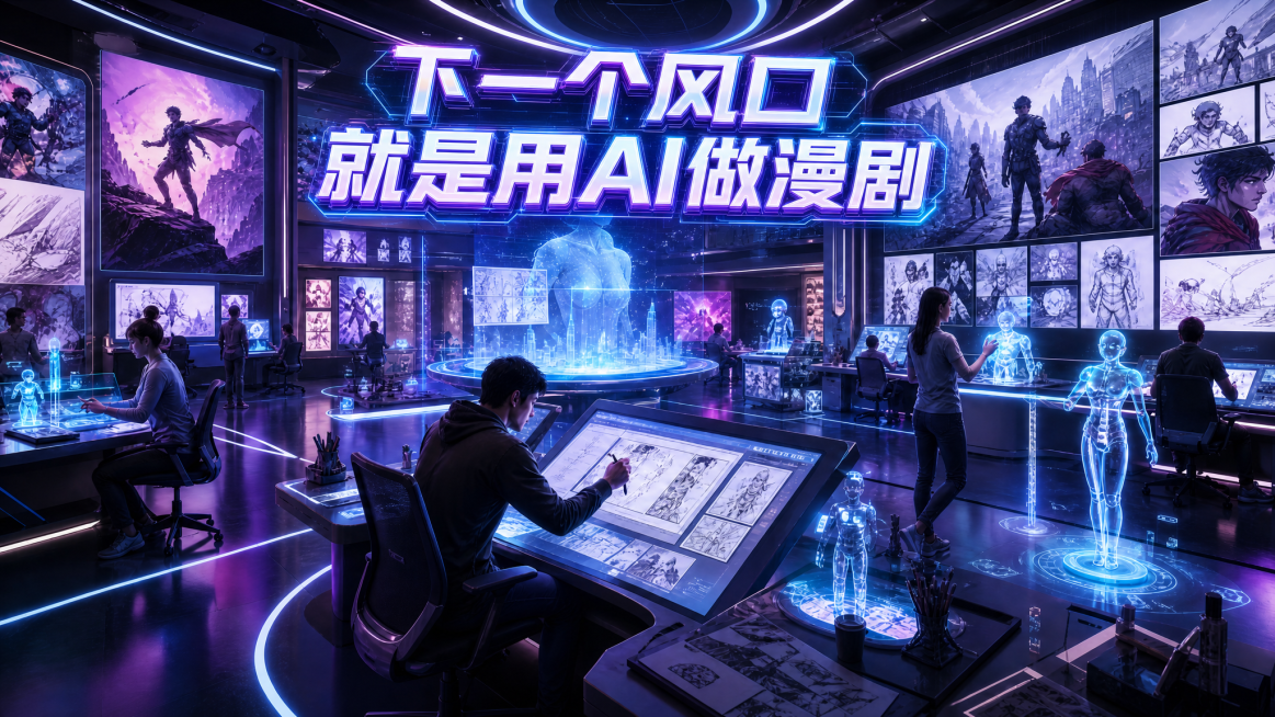 在原图基础上添加醒目文字“下一个风口就是用AI做漫剧”，保留原本科技感AI漫剧工作室的画面内容和风格，文字清晰突出预览效果
