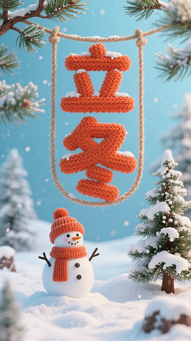 软3D风针织“立冬”字挂饰，搭配毛绒雪人与雪景，温暖卡通感十足，营造梦幻温馨的冬日氛围。