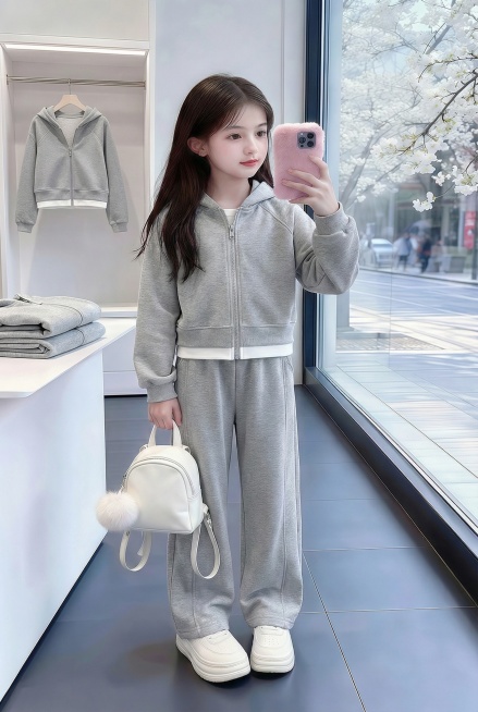 用图1衣服裤子替换掉挂图2模特穿的衣服裤子和旁边桌子上折叠的衣服以及后面衣架上挂着的衣服，保留原场景光影，保持图2的人物的五官和发饰不变，姿势不变，背景不变，图片宽高尺寸不变，保持图1衣服裤子的款式和预览效果
