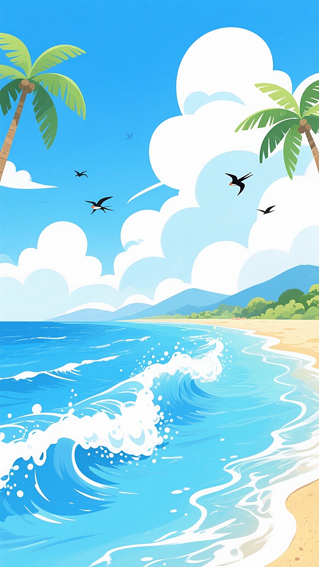 明亮通透的夏日海滩卡通插画，画面下方是翻涌的蓝白海浪，浪花飞溅，海水呈现从深蓝到清澈浅蓝的多层次蓝色渐变，波光粼粼。海浪后方是金色的沙滩，沙滩边缘有绿色植被和远处连绵起伏、轮廓柔和的淡蓝色山脉。天空占据画面大部分，是纯净的蔚蓝色，点缀着形态各异、边缘柔和且带有淡蓝色阴影的白色云朵。左上角和右上角各有一棵高大的绿色椰子树，树叶舒展，树干挺拔。几只黑色的海鸟在空中自由飞翔，整个画面充满轻松愉悦、宁静惬意的氛围，色彩明快和谐，光影柔和，具有卡通插画的清新风格和细腻质感。