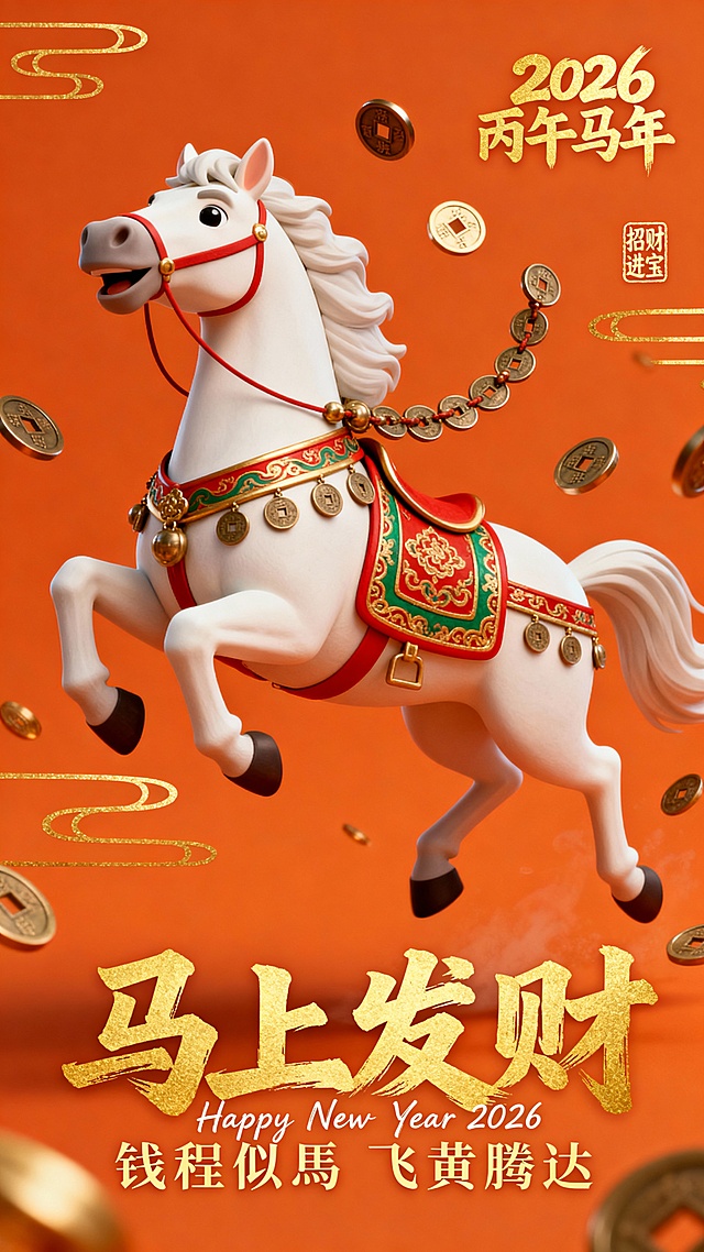 软3D风格卡通骏马，融合中式国潮元素，鎏金铜钱环绕，喜庆橙红背景，金属质感字体“马上发财”，2026丙午马年贺岁设计。