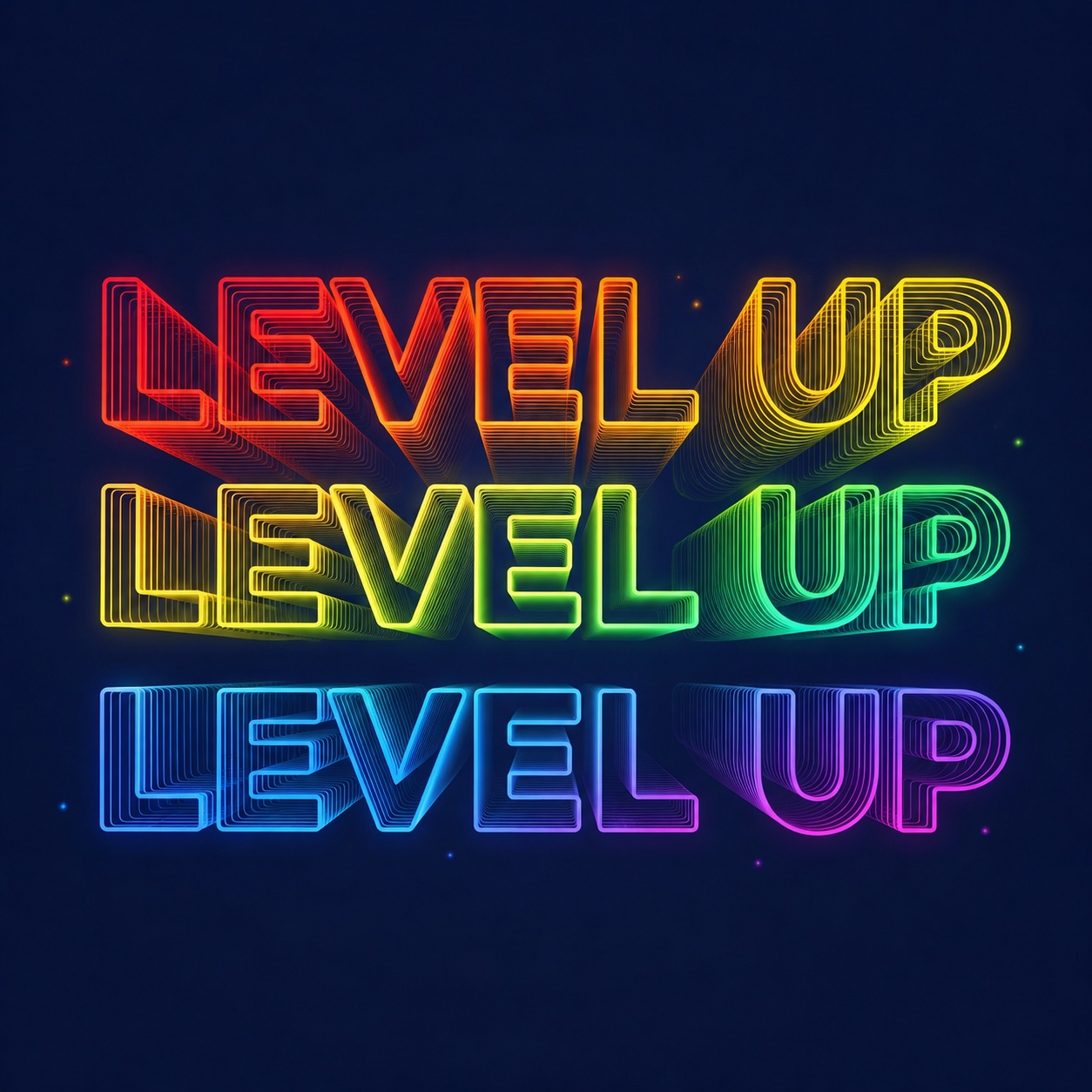将原图中6行的"LEVEL UP"霓虹文字减少为3行，保持彩虹… - 图片创意预览