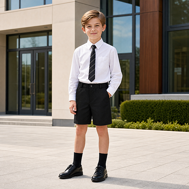 [Image 7] Full academy outfit matching display. Young Caucasian boy wearing white shirt, tie, and this black boys academy suit shorts, standing in front of modern academy building. Natural casual standing posture, the outfit is neat and formal. Shorts is the main visual focus, keep color and material consistent with original image. Soft natural daylight, clean composition, conforms to European and American market aesthetic. 1:1 ratio, 2048px * 2048px, 2K resolution. Negative prompt: distortion, blurry product, messy background, watermark, logo, Chinese characters, cut off head.
