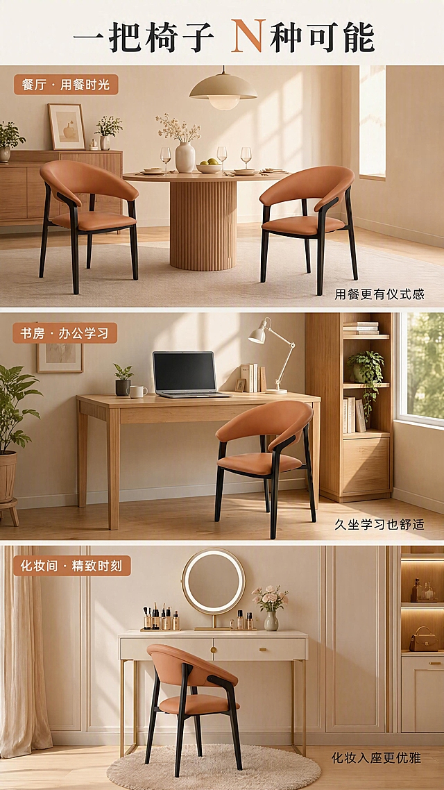 [第7张] 多场景应用页-餐厅/书房/化妆间三场景展示。本张使用【图1】作为商品主体，三场景分栏展示。
[氛围/风格] 生活方式多场景展示，温馨实用，北欧家居质感。
[元素布局] 画面垂直分三栏，每栏展示一个场景：上栏-餐厅场景（餐椅+餐桌+餐具+吊灯）；中栏-书房场景（餐椅+书桌+电脑+书籍绿植）；下栏-化妆间场景（餐椅+化妆台+镜子+化妆品）。每栏中黑橙餐椅均为视觉焦点，产品外观与输入图一致。
[光影质感] 每栏均为暖调自然光，场景真实有层次，椅子质感统一。
[配色色系] 全局底色 #F8F5F0（暖灰白）；主色黑+橙；辅助色各场景自然家居色。
[视角构图] 垂直三栏等分构图，每栏独立场景，从上至下阅读动线。
[文字版式] 顶部通栏主标题「一把椅子 N种可能」；每栏左上角配场景标签：「餐厅 · 用餐时光」「书房 · 办公学习」「化妆间 · 精致时刻」；每栏右下角配短句说明，分别为「用餐更有仪式感」「久坐学习也舒适」「化妆入座更优雅」。
[比例分辨率] 9:16竖版比例，4K分辨率，文字清晰可辨，高清画质。
[负向提示词] 椅子变形，颜色不一致，水印，文字错乱，场景杂乱。