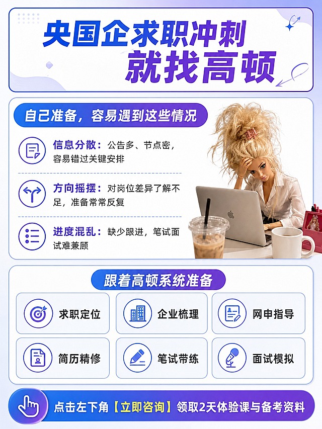 在保留原图版式骨架（顶部标题区 + 问题区与解决方案区对比 + 底部CTA条）的前提下，重新设计这张小红书广告贴：3:4竖版；底色改为蓝色、紫色、白色相间：白色底、蓝紫渐变标题块与横幅、浅蓝紫卡片、深灰正文；色块统一为圆角白卡+蓝紫描边，小符号统一为圆形线性图标，保留右侧配图但统一配色处理，整体统一协调、文字清晰可读无错别字。所有文字替换为以下新文案（逐字渲染）：
顶部主标题：「央国企求职冲刺 就找高顿」
问题区标题：「自己准备，容易遇到这些情况」，三条：「信息分散：公告多、节点密，容易错过关键安排」「方向摇摆：对岗位差异了解不足，准备常常反复」「进度混乱：缺少跟进，笔试面试难兼顾」
解决方案区标题：「跟着高顿系统准备」，六个服务项：「求职定位」「企业梳理」「网申指导」「简历精修」「笔试带练」「面试模拟」
底部CTA条：「点击左下角【立即咨询】领取2天体验课与备考资料」

画面约束：所有信息区域必须填充完整合理的内容，不得出现空白框、空白占位、空列表项；严禁出现以下词：免费领、0元、真题、押题、提分、保过、包过、内推、最、第一、官方、绝对；不得出现二维码图案；画面中必须完整呈现以上全部文案。