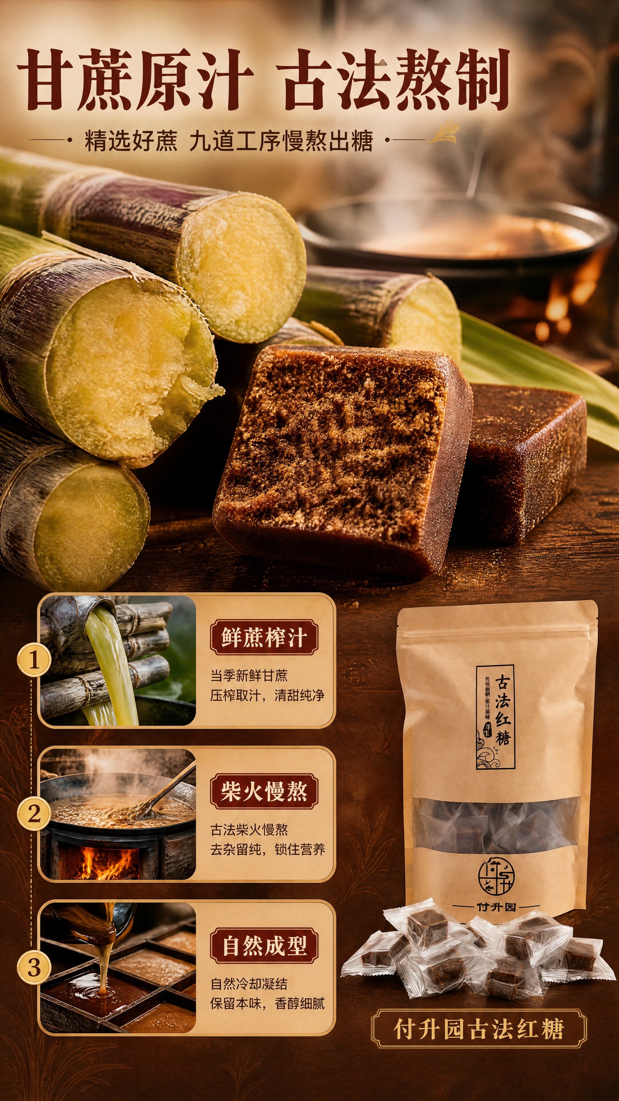 [商品] 使用【图1】付升园古法红糖产品；保留牛皮纸包装袋、"… - 图片创意预览