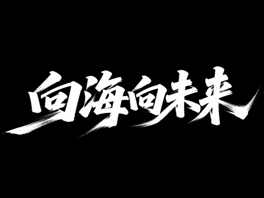 参考原图风格，黑色背景，白色大气书法笔触字体，将文字改为"向海向未来"写成一排，右下角预留LOGO位置预览效果