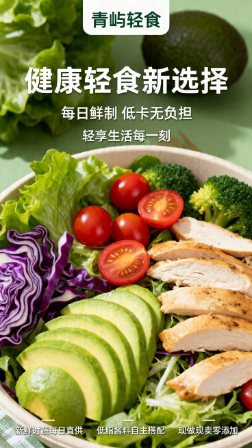 9:16竖版青屿轻食海报，整体风格清新、治愈、简约，主色调暖绿色，自然光拍摄效果。画面顶部放置品牌名称"青屿轻食"，中部依次排列主标题、副标题和slogan，底部展示3个卖点，文字排版清晰干净，画面中预览效果