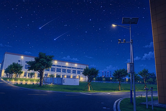 将这张照片转换为日系动漫风格，场景为夏天的夜晚，深蓝色夜空中布满闪闪发亮的星星，有一两颗流星划过天际，不要银河，整体氛围清新梦幻，保留原图的建筑、树木、道路等景物轮廓，夜晚灯光柔和，动漫插画质感，色彩唯美