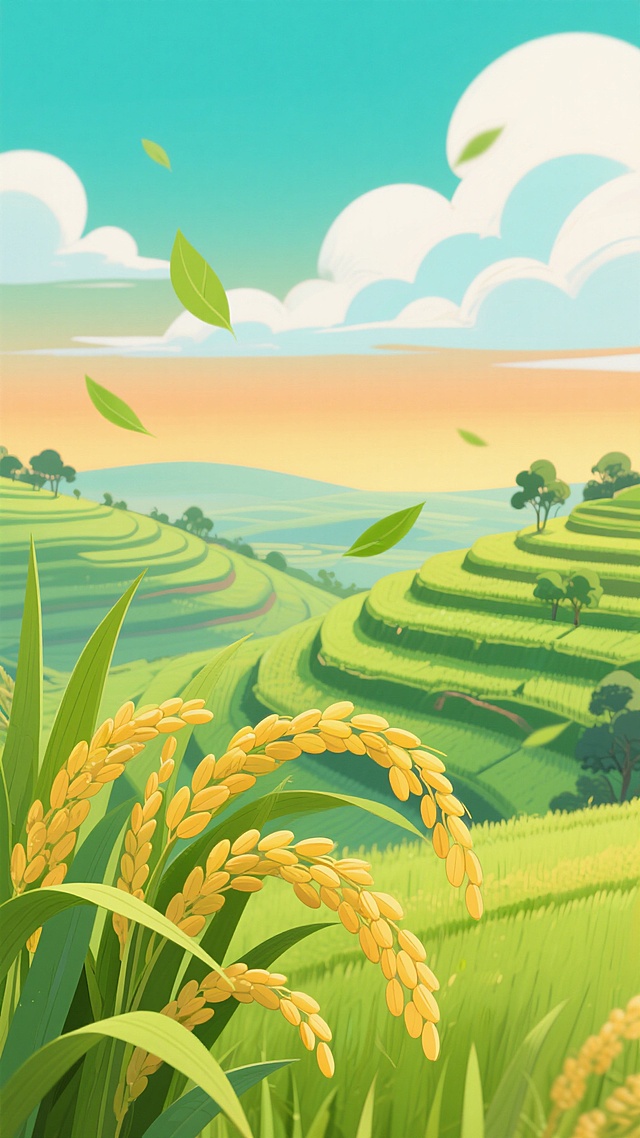 一幅充满生机的插画风格稻田风景，画面以近处饱满金黄的稻穗和翠绿的稻叶为前景，稻穗低垂饱满，稻叶修长舒展，细节丰富。中景是层层叠叠、线条优美的绿色梯田，向远方延伸直至天际线，梯田边缘有零星树木点缀。远景是广阔的天空，呈现从地平线处温暖的橙黄色渐变到上方明亮的蓝绿色，天空中漂浮着形态柔和、边缘朦胧的白色和淡蓝色云朵，几片绿色的叶子轻盈地随风飘散在空中，营造出宁静、清新、充满希望的田园氛围，整体色彩明快和谐，光影柔和，具有鲜明的动画插画质感。