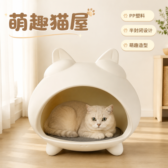 [主图-1] 奶白色萌趣猫屋半封闭式猫窝首图，氛围风格为家居治愈风，温馨干净的家居场景。画质要求商业摄影质感，光线柔和通透，产品清晰真实，画面干净高级。画面元素：奶白色猫形半封闭猫屋居中展示，猫窝内可预览效果