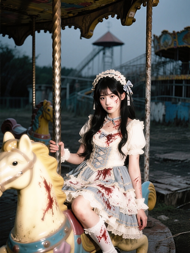 暗调破旧荒凉的游乐园，女生（洛丽塔重工连衣裙，配套的发饰，脸上有仿真血迹）坐在泛黄的旋转木马上。全景。