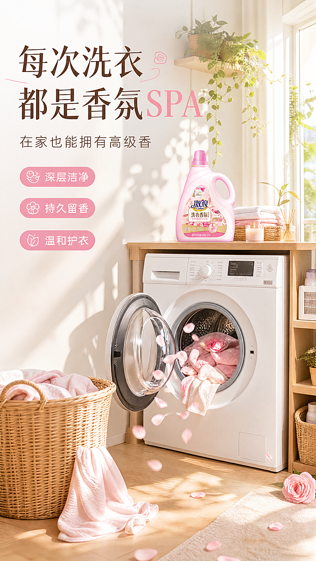 [第5屏] 居家洗衣场景-激浪洗衣香氛洗衣液日常使用场景。本屏使用【图1】作为商品主体（洗衣机旁展示）。
[氛围/风格] 温馨治愈居家风，明亮整洁，生活场景摄影质感，真实感强。
[元素布局] 画面为明亮的阳台洗衣区场景，白色洗衣机位于画面中央，洗衣机门打开，里面有粉色衣物和玫瑰花瓣飘出；洗衣机旁台面上放着洗衣液瓶，占比约30%，瓶身与输入图一致；周围有洗衣篮、叠好的毛巾、绿植、香薰蜡烛等家居元素；阳光从右侧窗户照入，有柔和的光影；地面是浅木色地板，整体氛围温馨治愈。
[光影质感] 右侧自然光主照明，暖调柔和光影，物体有自然投影，整体通透明亮。
[配色色系] 全局底色 #FAFAFA 暖白；主色白色、浅木色；辅助色粉色产品、绿色植物。
[视角构图] 场景中景视角，产品在右侧台面，阅读动线场景氛围→产品→卖点文字。
[文字版式] 左上主标题「每次洗衣 都是香氛SPA」，副标题「在家也能拥有高级香」；左下三个胶囊标签「深层洁净」「持久留香」「温和护衣」；文字不遮挡产品主体。
[比例分辨率] 9:16 竖版比例，4K 分辨率，文字清晰可辨，高清画质。
[负向提示词] 产品变形，文字错乱，颜色偏差，水印，产品图模糊，场景杂乱。