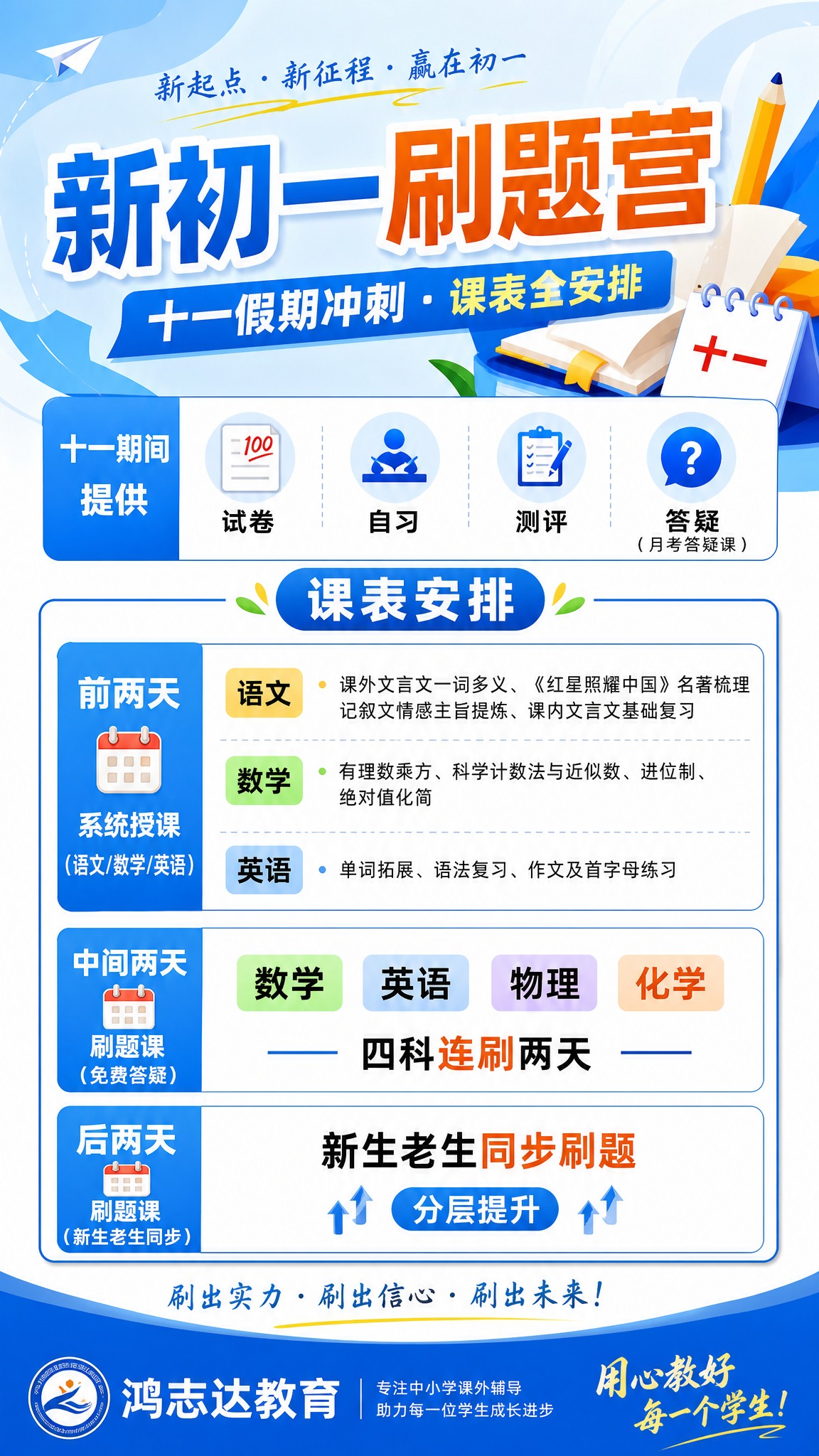 竖版朋友圈海报，新初一十一刷题营招生海报，教育机构风格，清新活… - 图片创意预览
