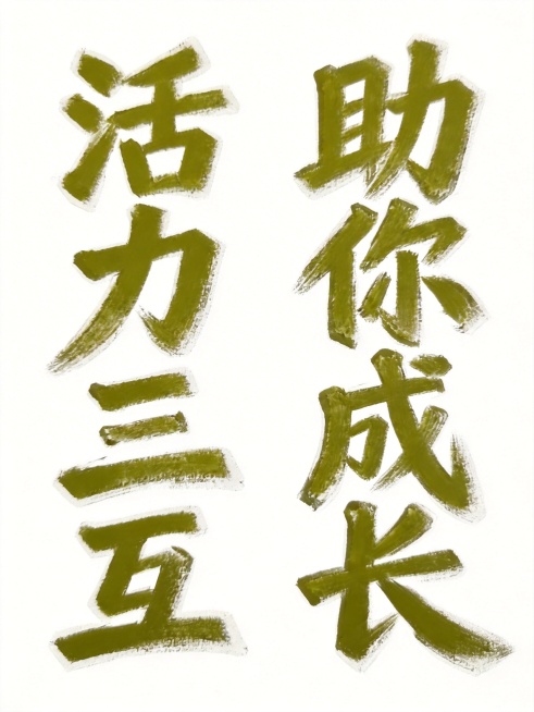 将所有八个字改为纯色橄榄绿，去除渐变效果，保留纯白色背景，竖版双列排列，舒展的字间距，保持黑板粉笔手绘风格，保留白色外轮廓和粗壮笔触，八个字为"活力三互助你成长"。预览效果