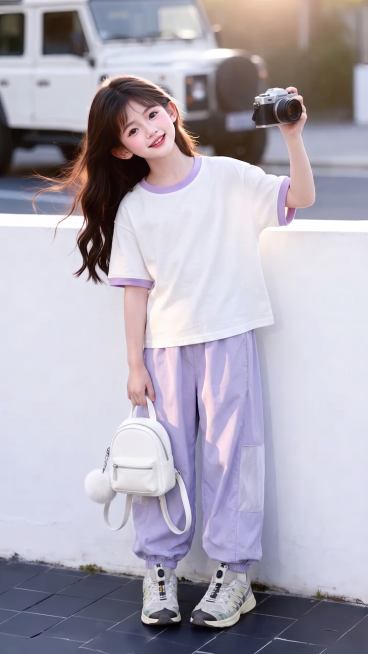 用图1的短袖和裤子替换图的2的模特穿的衣服裤子，保留原场景光影，保持图2的人物的五官和发型不变，图片宽高尺寸不变，背景不变，鞋子不变，人物姿势不变，保持图1的短袖和裤子的款式材质不变和颜色不变预览效果