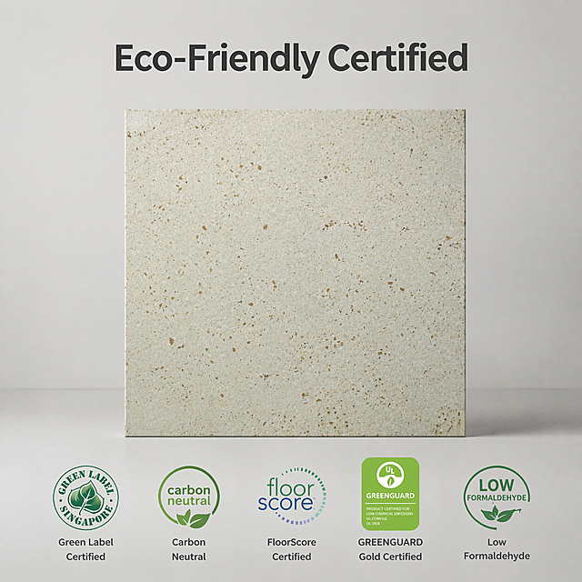 [Main Image 5] Environmental certification and endorsement. [Atmosphere Style] Professional, trusted, minimalist wabi-sabi style. [Quality] Commercial clean photography, high definition, professional color matching. [Elements] This recycled limestone sample is placed in the center, and the bottom is arranged with common international environmental certification badges horizontally, such as Green Label, Carbon Neutral, Low Formaldehyde. Keep the product's appearance and texture completely consistent with the original image. The picture is clean, the main body is prominent, and there is no clutter. [Light and Shadow] Soft studio light, even light, clear subject, natural shadow. [Color Matching] Keep the product's original off-white beige, light gray background to highlight the product and certification. [Perspective Composition] Centered composition, subject accounts for 65% of the picture. [Text Layout] Main title at top: "Eco-Friendly Certified", simple sans-serif font, dark color, clear and prominent, no occlusion to the product. [Proportion Resolution] 1:1 proportion, 4K resolution; super high definition. [Negative Prompt] Deformation, watermark, text confusion, blurred product picture, cluttered background