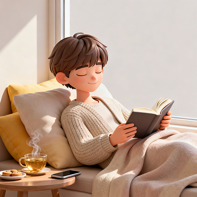 趣味3D插画风格，午后飘窗，一位温和细腻年轻中性形象，短发柔顺，穿着舒适针织开衫，半躺在柔软靠垫上盖着薄毯，手里拿着一本翻开几页的书，眼睛半闭嘴角带满足微笑，旁边小桌上一杯刚泡好花茶冒着热气、一碟小点心，窗外阳光柔柔洒在身上，手机静静放在桌上，表情满足松弛，极简纯色背景，淡米色渐变带靠垫暖黄色和茶水淡金色，整体氛围慵懒精致，C4D渲染，OC渲染，Blender建模，柔软光线，马卡龙色系，极简纯色背景，光滑黏土材质，影棚打光，8k分辨率，超细节，人物居中半身，画面不出现多余文字