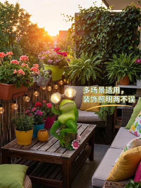 活泼风格，室外阳台场景，青蛙太阳能灯摆件，突出“多场景适用，装饰照明两不误”卖点，搭配简洁文字说明预览效果