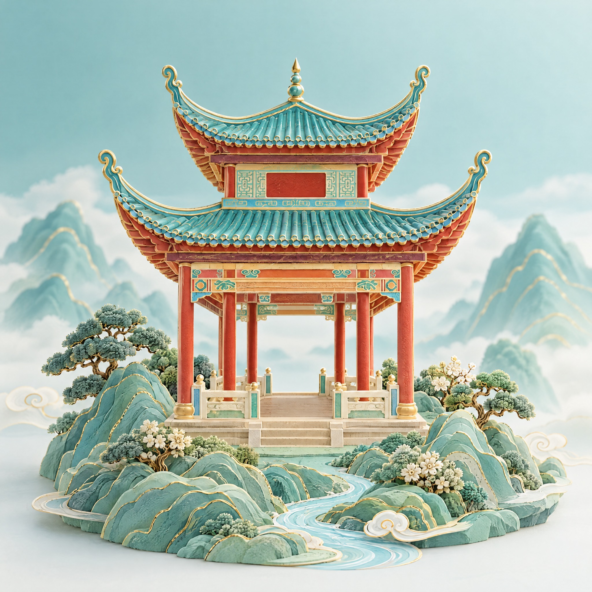 将图中的爱晚亭重绘为第二张参考图的风格：3D立体微缩景观效果，… - 图片创意预览