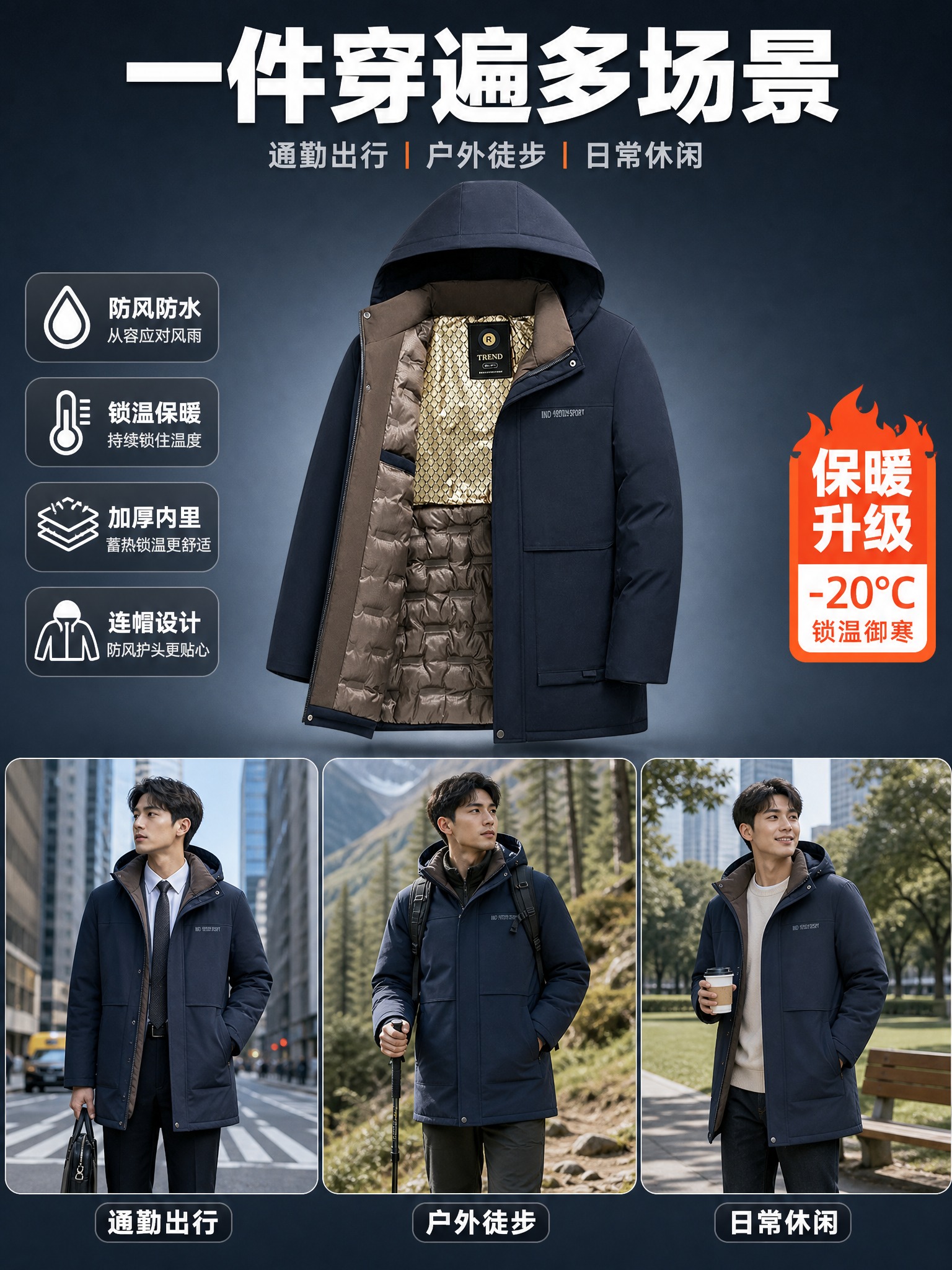 [主图-3] 藏青色老爷车男士中长款连帽棉服多场景穿搭展示图，… - 图片创意预览