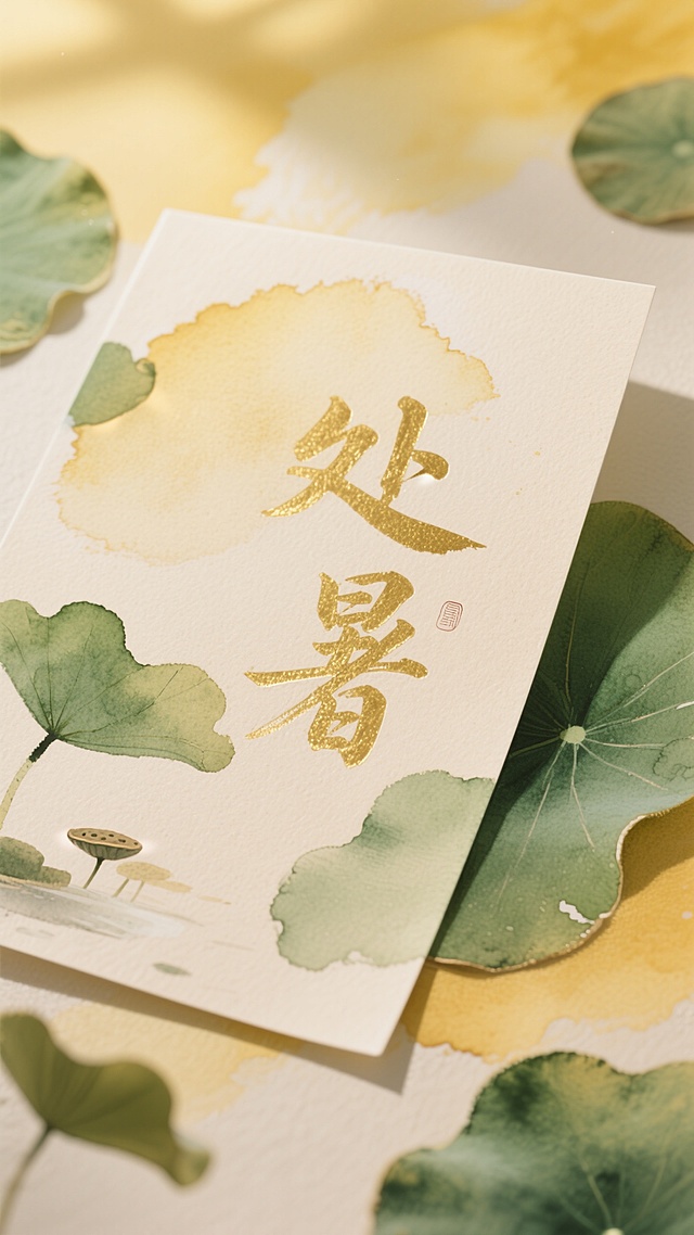 背景金黄色调草绿调和，朦胧晕染氛围，柔和色彩晕染，纸本设色，米色纸张上的晕染画，自然过渡，极简主义，颗粒感, 水彩画风格，大面积晕染，搭配毛笔字“处暑”，荷叶元素