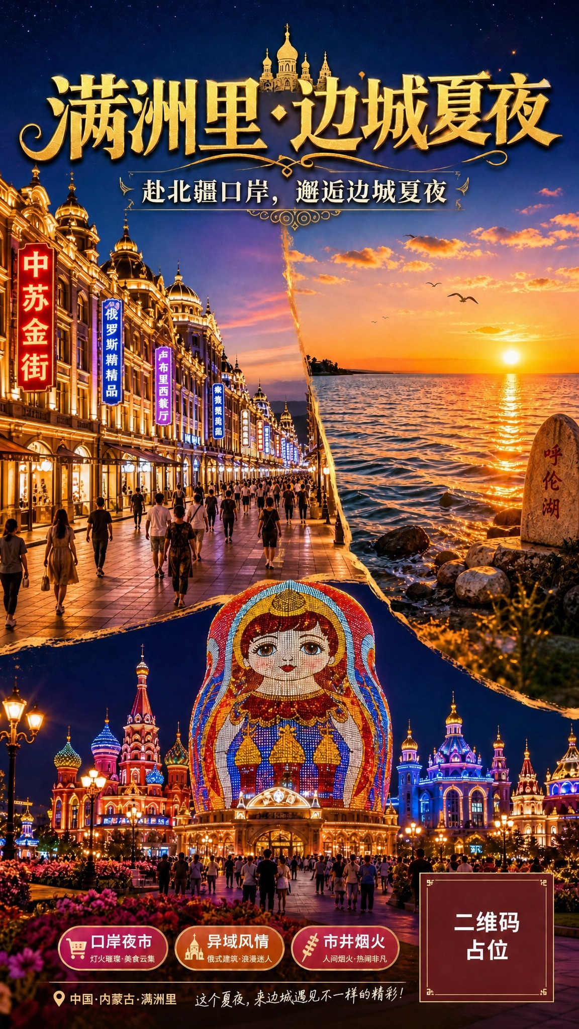 基于这张满洲里边城夏夜文旅海报进行修改：将左侧中苏金街区域的烤… - 图片创意预览