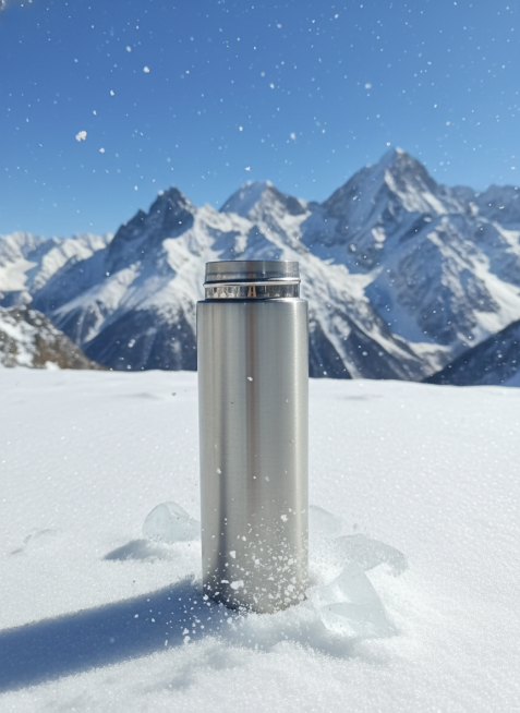 图中主体置于雪地上，周围有冰块和雪飞溅，背景是巍峨的雪山，天空湛蓝，还有雪花飘落。预览效果