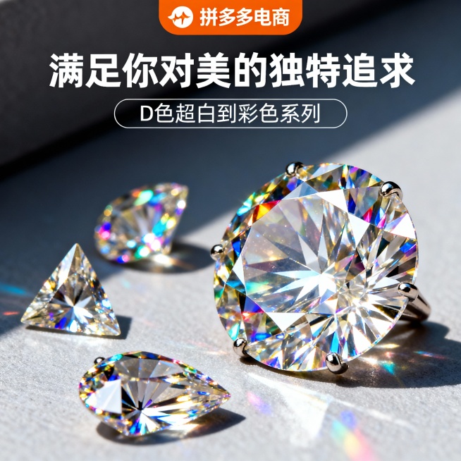 图片这款产品是莫桑石裸钻，我在拼多多卖这款产品，请以我提供的产品图片为主图主体设计20张相关的电商主图。
1.主图卖点： 火彩璀璨，闪耀夺目，在阳光下绽放七彩光芒，每一个角度都闪耀着迷人的光彩，让你成预览效果