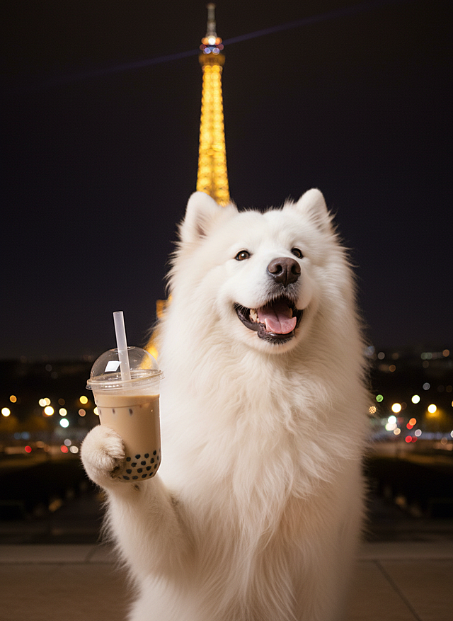 不经意间拍摄的，自然的光线，主角是图片中的这只狗，晚上，在巴黎斜塔前，抬起一只爪子拿着奶茶