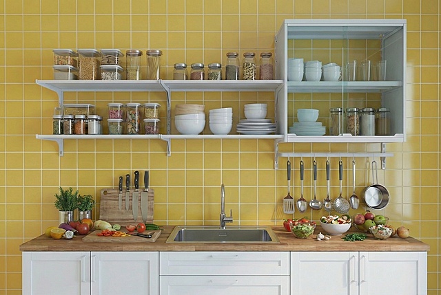 墙面瓷砖延伸到画面最顶部，刀具插在刀具收纳盒中