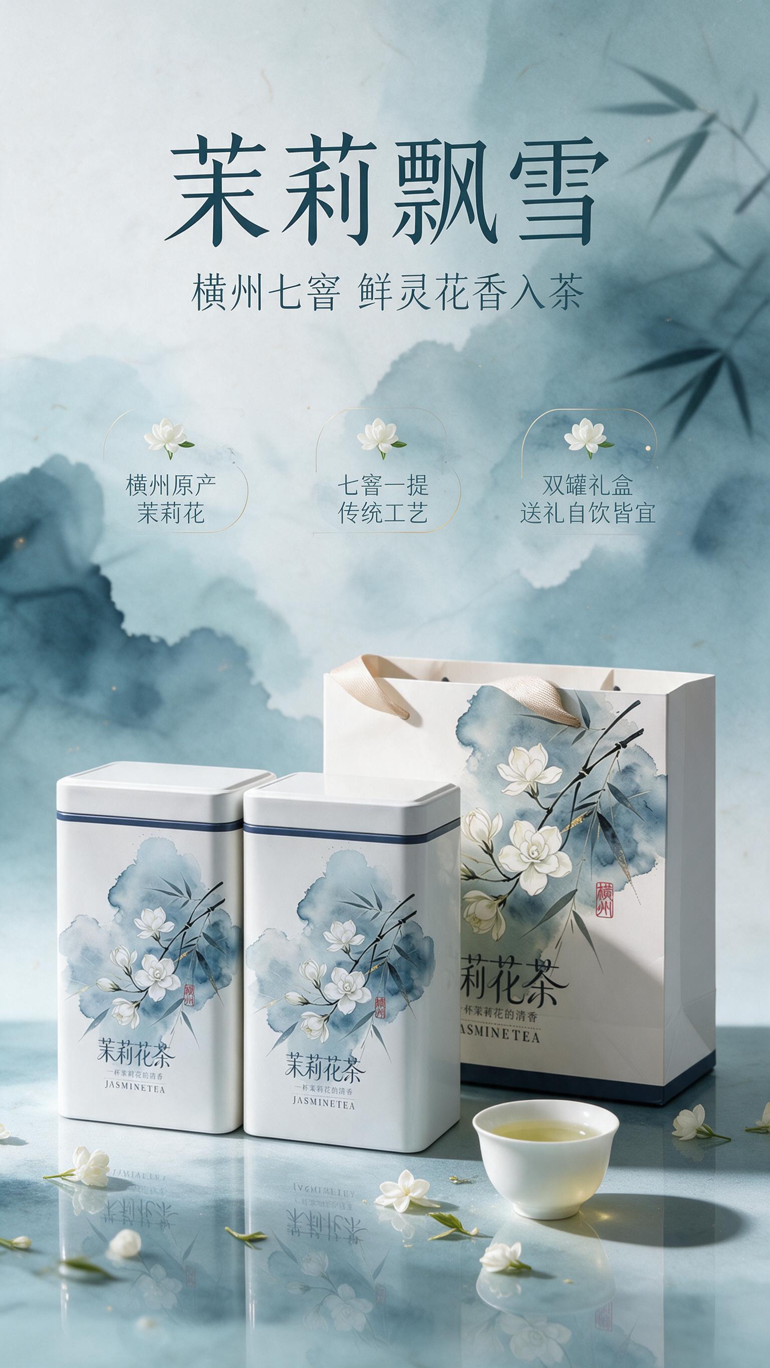 [商品] 使用【图1】茉莉飘雪茉莉花茶双罐礼盒装（含2个方形密… - 图片创意预览