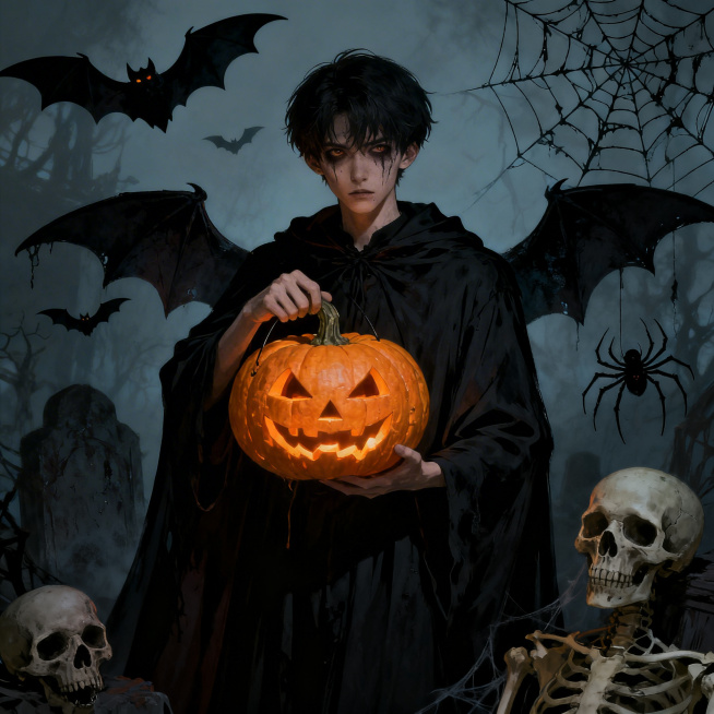 万圣节恐怖主题，一名男生，充满阴森诡异的氛围，带有万圣节特色元素，惊悚暗黑风格，整体画面氛围感拉满预览效果