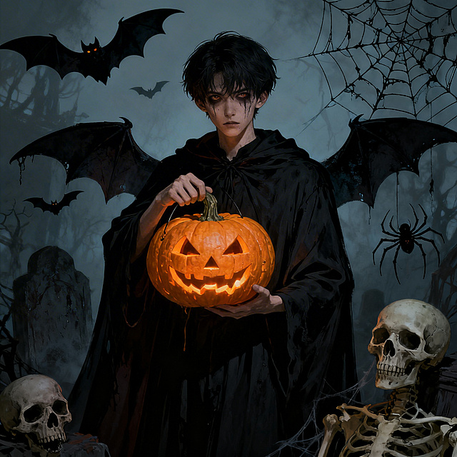 万圣节恐怖主题，一名男生，充满阴森诡异的氛围，带有万圣节特色元素，惊悚暗黑风格，整体画面氛围感拉满