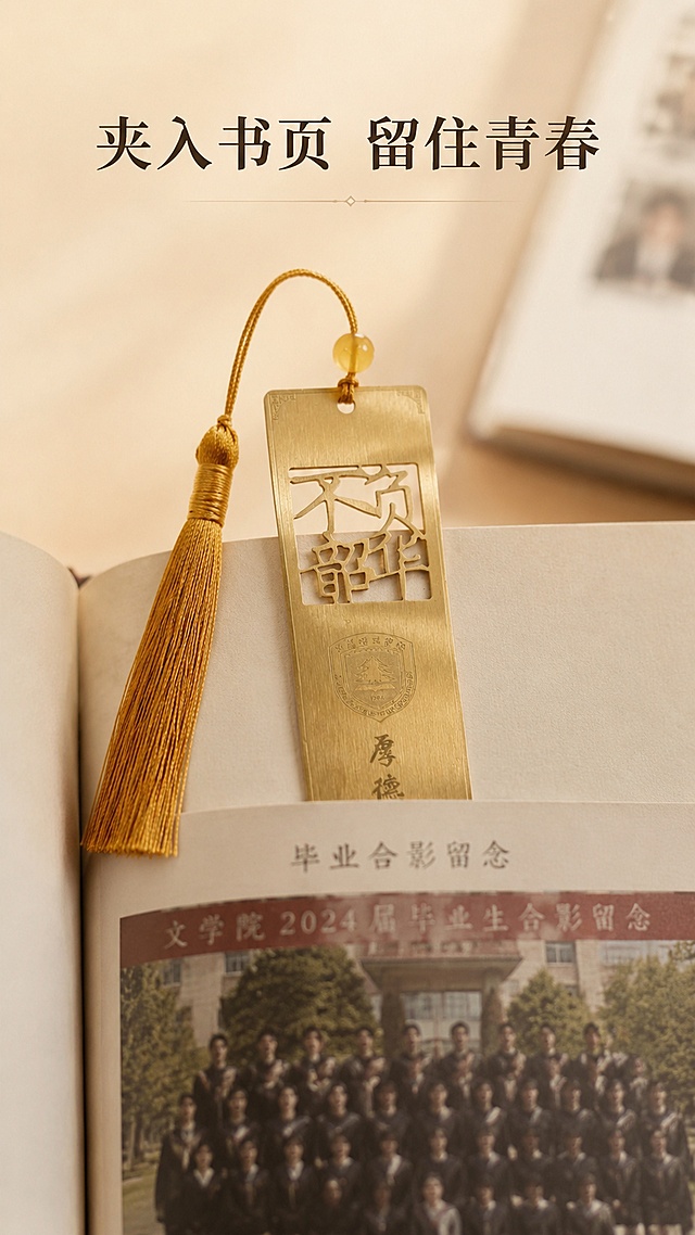 [第5屏] 使用效果展示-黄铜书签夹在毕业纪念册中的使用场景。本屏使用【图3】作为商品主体。
[氛围/风格] 温馨怀旧氛围，真实使用场景，自然真实的生活感。
[元素布局] 书签夹在翻开的毕业纪念册中，露出书签上半部分的「不负韶华」镂空和流苏，纪念册页面有模糊的毕业合影做背景，产品保持原有颜色、结构和文字不变。
[光影质感] 室内柔和自然光，书页和书签形成自然阴影，真实不突兀。
[配色色系] 全局底色 #F8F4E9；主色米白书页；辅助色书签金色保持原色。
[视角构图] 平视45度，焦点在书签主体，背景纪念册略微虚化，突出产品使用方式。
[文字版式] 顶部标题「夹入书页 留住青春」，文字简洁不遮挡主体，清晰易读。
[比例分辨率] 9:16竖版比例，4K分辨率，高清画质。
[负向提示词] 书签变形，文字雕刻模糊，背景杂乱，文字遮挡主体
