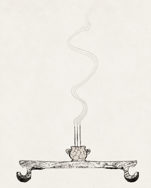 参考参考图片的元素和构图，重新生成一幅中国风线描质感的香薰香炉插画，保持原有构图和内容，提升画面质感预览效果