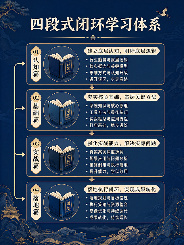 [第6屏] 四段式闭环学习体系，深蓝色国风背景，顶部标题「四段式闭环学习体系」米白色；从上到下依次展示认知篇、基础篇、实战篇、落地篇四个阶段，每个阶段配书本图标，说明每个阶段的学习内容，信息层级清晰，排版整齐，3:4比例，4K分辨率，文字清晰