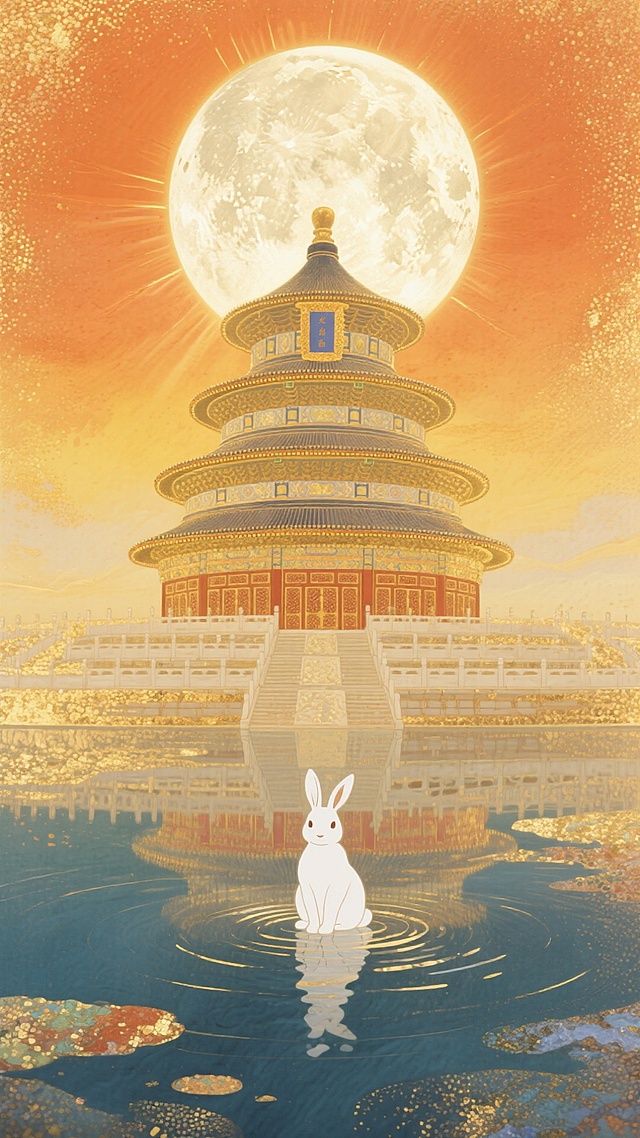 国潮风插画，融合中式古典建筑与梦幻月景，鎏金水彩质感，白兔静立水中，倒影氤氲，营造中秋静谧神圣氛围。